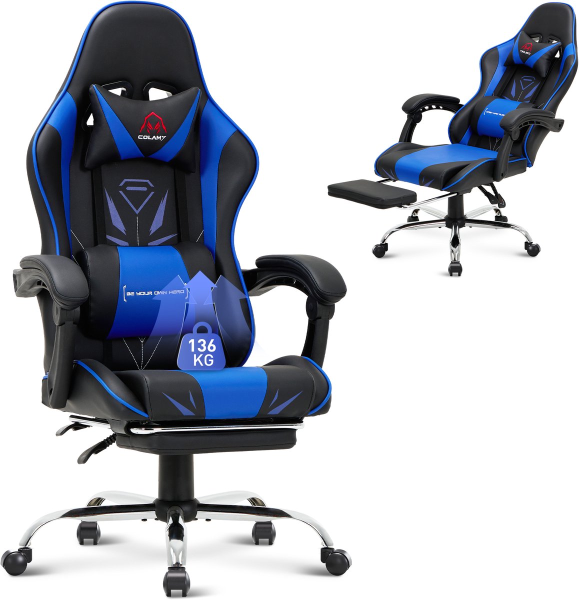 COLAMY - Ergonomische gamingstoel - Bureaustoelen - voetsteun - maximaal draagvermogen 136 kg - blauw