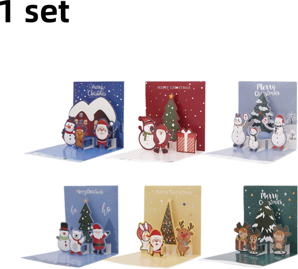 1 set - 3D-kerstkaarten - Creatieve kerstavond-berichtkaarten - Cadeauvouwkaartenset - Zes ontwerpen - Gemengde kleuren