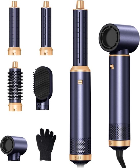 De blauw-gouden 5-in-1 haarstylingtool met föhn, krul-, stijltang- en borstelopzetstukken, en een handschoen.