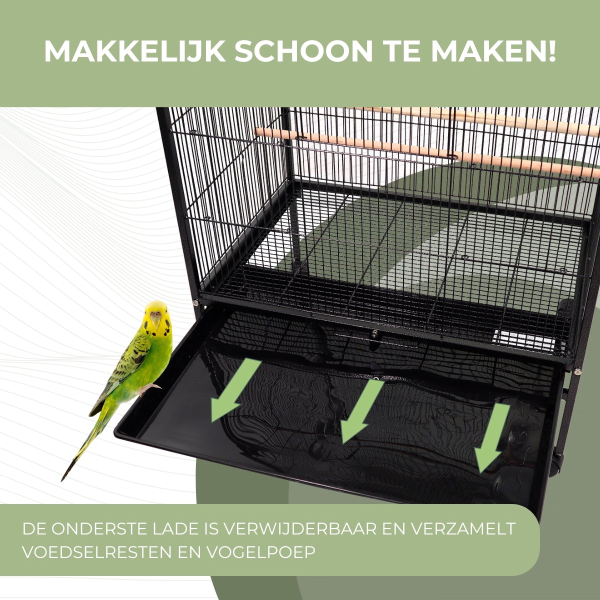 Mobiclinic Ninfa - Vogelkooi - Met zitplaats en accesories en wielen - Eet en drinkbakken - 95 x 43 x 61,5 cm - 8 poorten - Uitneembare lade - Zwart thumbnail 8