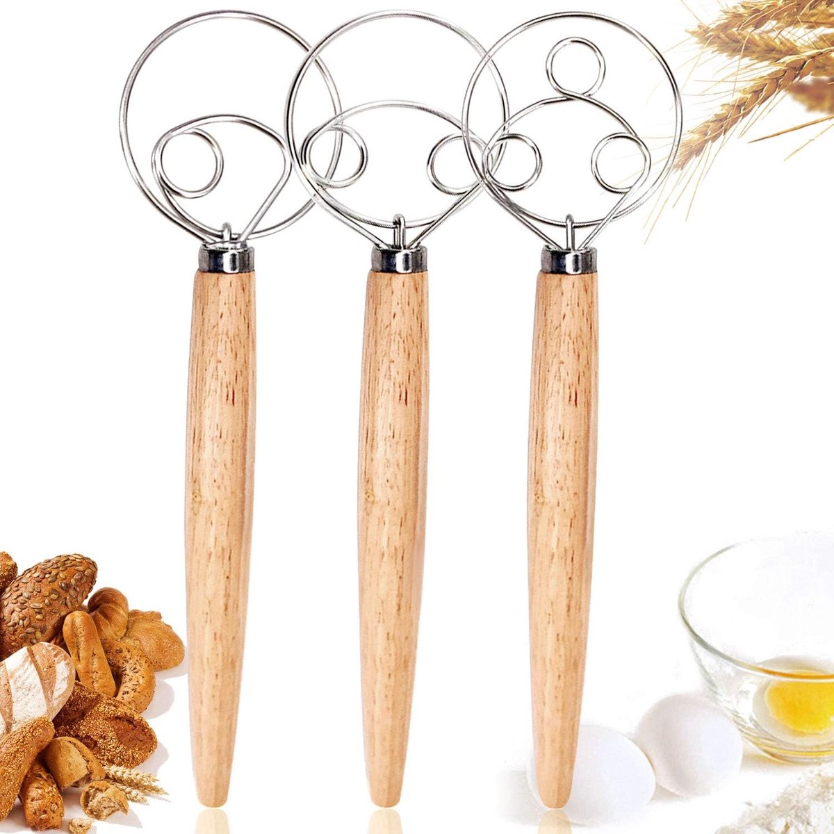 OUYLAF Deense Deegklopper - Dubbele Ring - Danish whisk - Deegmenger - Spiraalgarde - Deeg garde - Deeg Garde - Kookspullen - Eierklopper - 3pcs