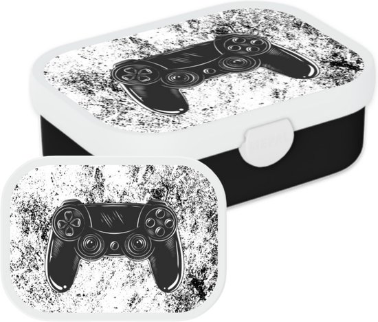Boîte à lunch noire avec couvercle à motif manette de jeu vidéo sur fond éclaboussé.