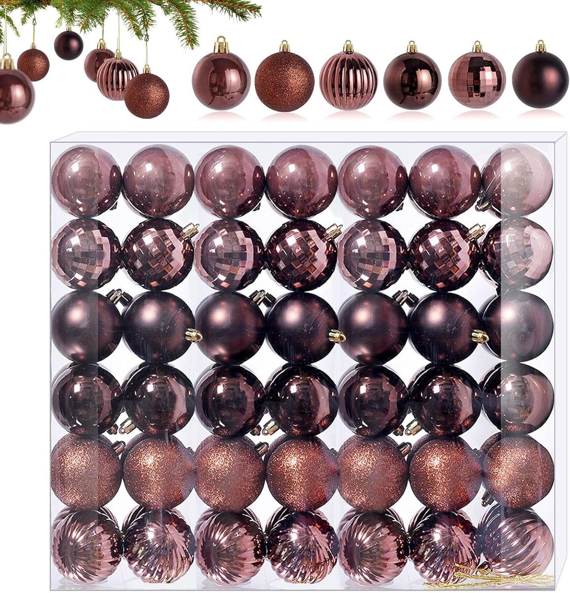 Green Glow - Set van 42 Chocoladebruine Mini Kerstballen in 6 Design Variaties, 3CM - Kerstboomdecoratie