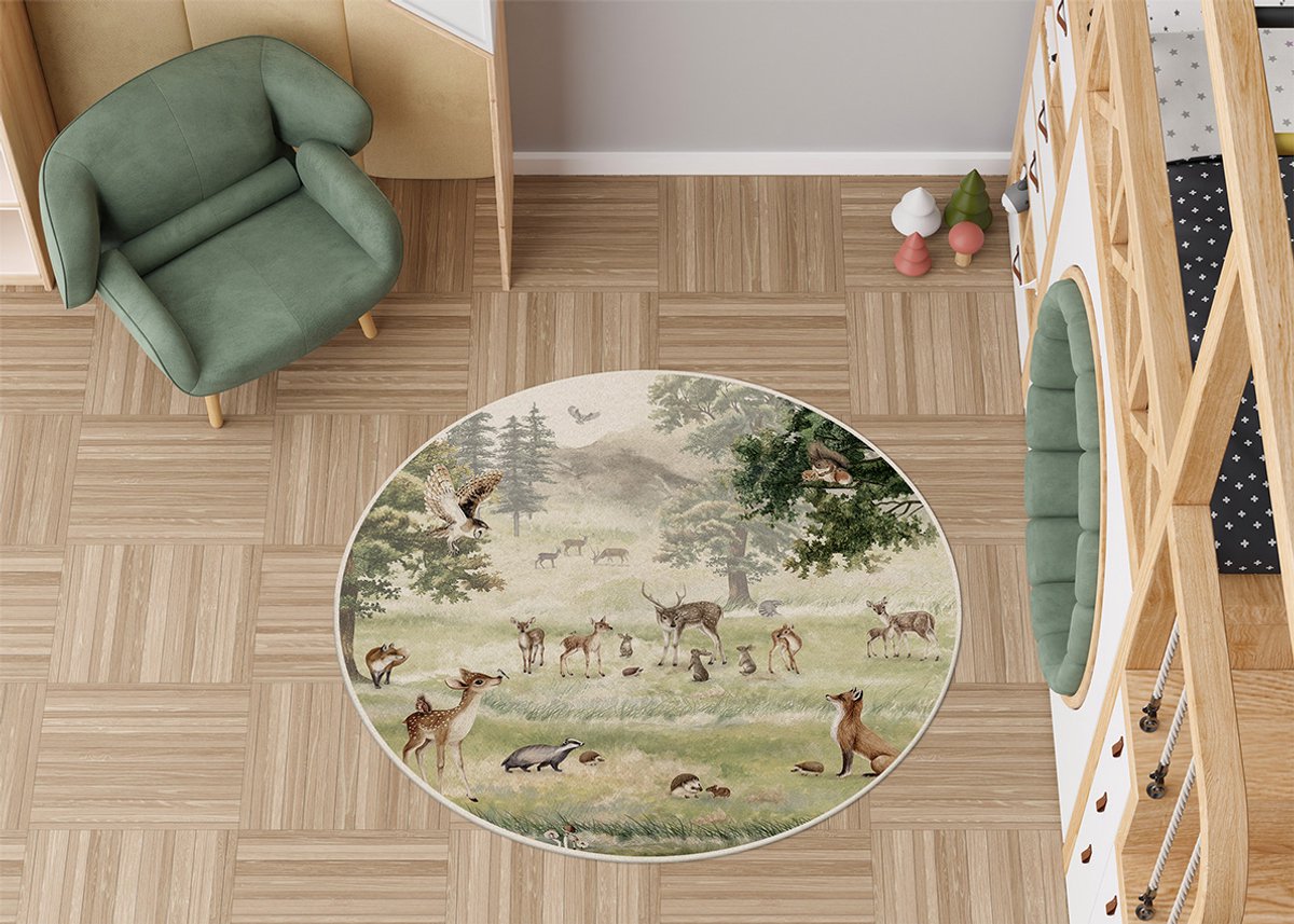 Vloerkleed Forest Fun Kikki Belle-kinderkamer-bosdieren-hertjes-uil-konijn-kinderkameraccessoires-stoffen kleed-rond-100cm