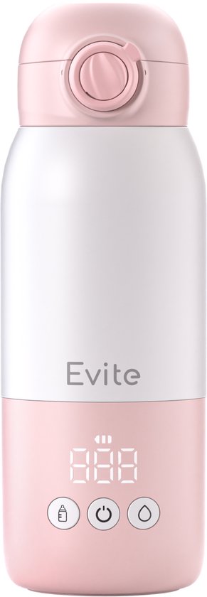 Evite Portable Bottle Warmer Slim - Draagbare Flessenwarmer Onderweg met Borstel - Compacter - BPA Vrij - USB-C - 13500 mAh - 350ML - Roze