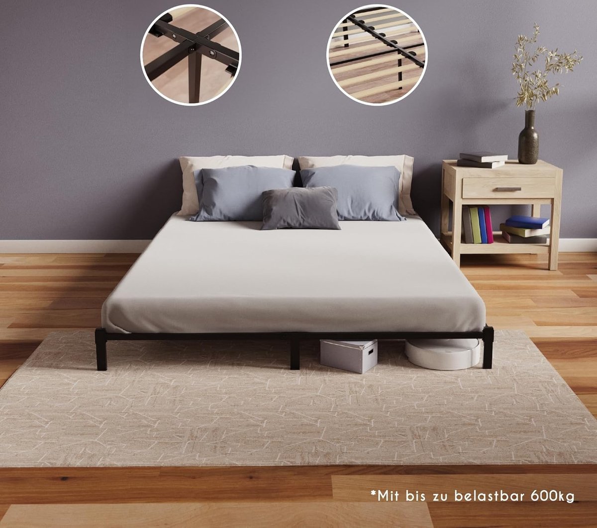Luxe Metalen Bedframe 180x200 cm met Houten Latten, Extra Stevig 25 cm Hoog Platformbed met 22 cm Opbergruimte Onderbed, Moderne Minimalistische Bedbodem – Zwart – Geschikt voor 400 kg –