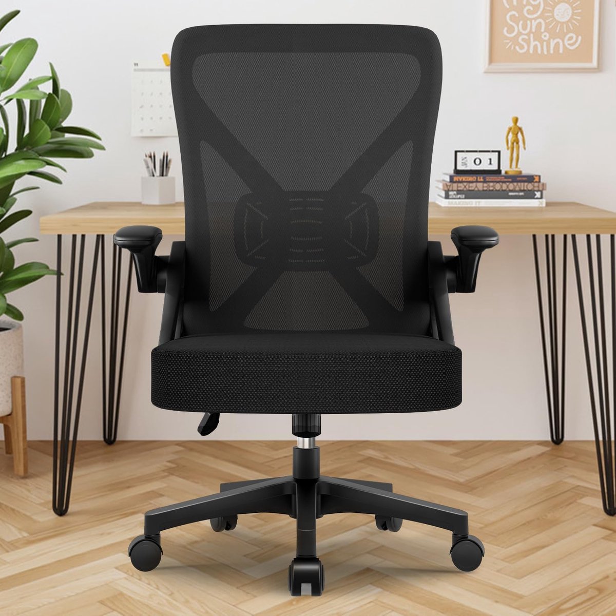 Ergonomische Bureaustoel met Opklapbare Armleuningen, - Zwart - Armleuningen, Verstelbare Lendensteun, 125° Kantelfunctie, - Medahomestore