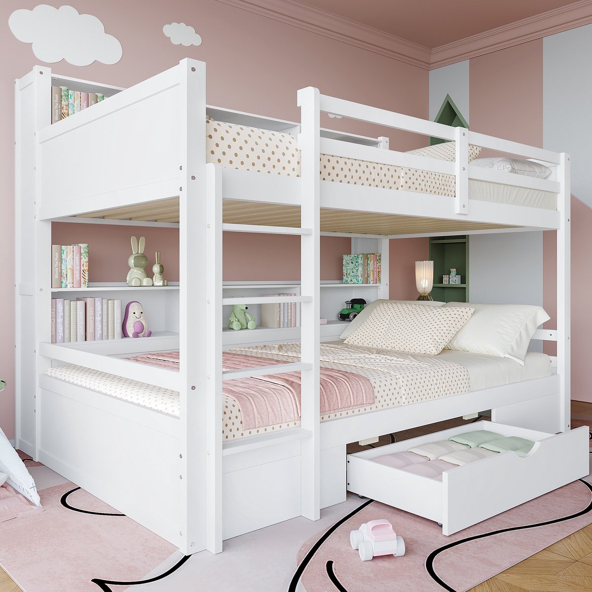 Merax Stapelbed - 90x200 cm eenpersoonsbed - kinderbed met laden en opbergruimte - zonder matras - wit