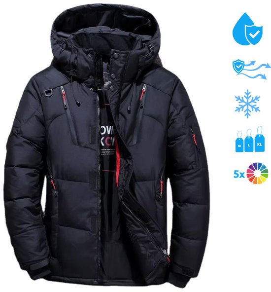 Doudoune d'hiver - Veste d'hiver homme - Doudoune - Plein air - Sports d'hiver - À capuche - Coupe- Manteaux d'hiver - Doublée - Taille L - Zwart
