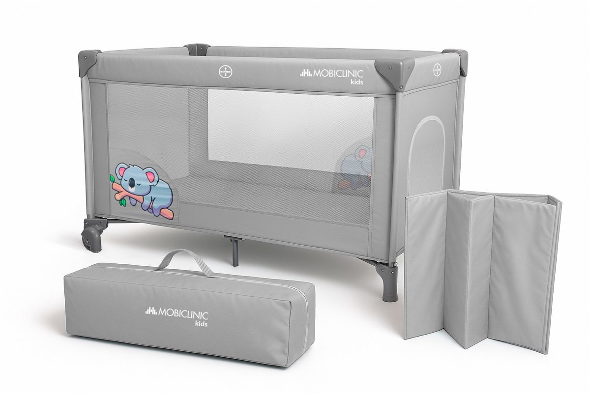 Mobiclinic Mofli - Campingbed - Reisbed - Reiswieg - Inklapbaar - Draagtas - 2 in 1 - 125 x 77 cm - Verwijderbare matras - Met transporttas - Ademende stof - Zij-ingang met rits - Met 2 wielen - Grijs