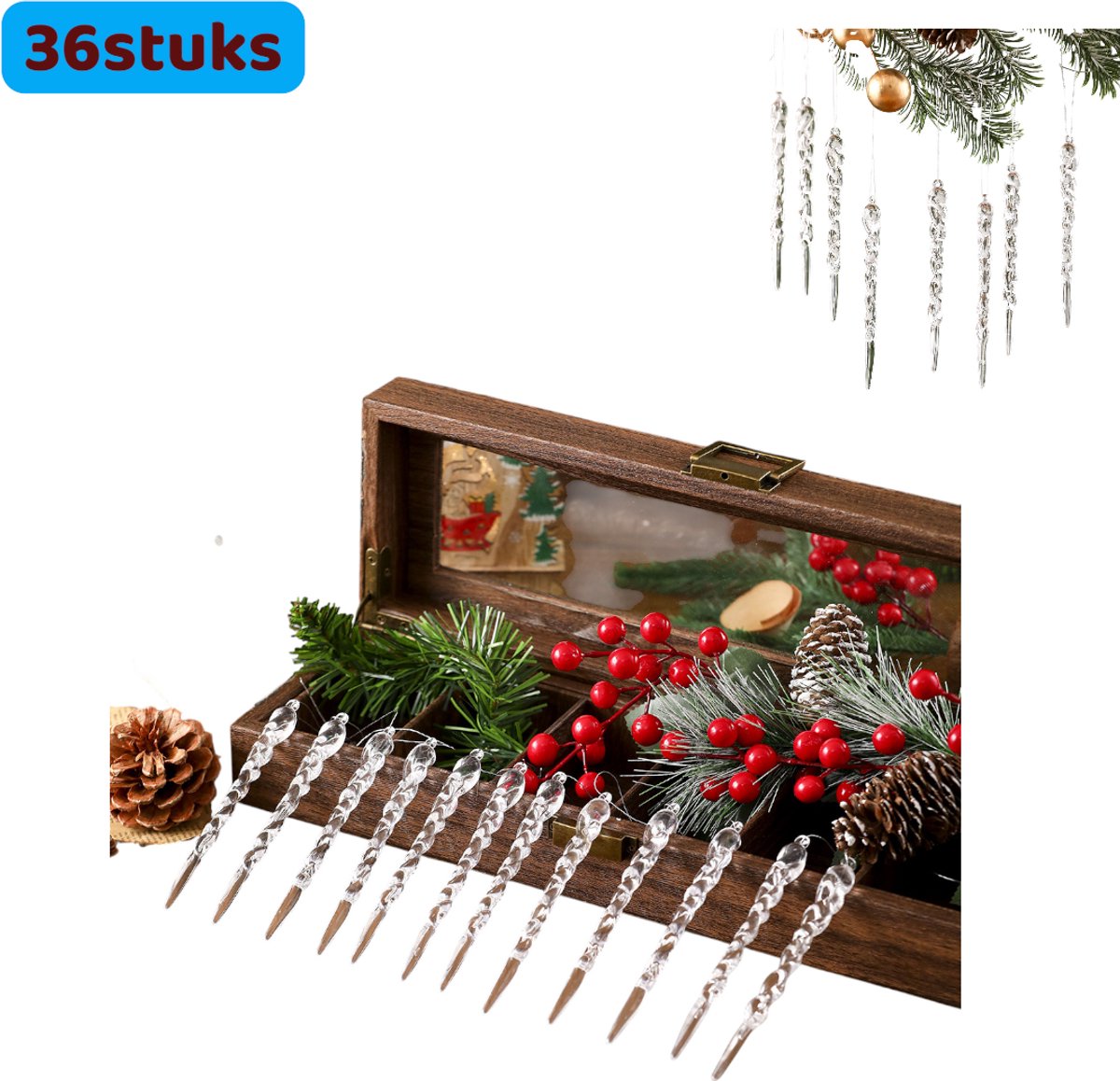 Kerstversiering - IJspegelversiering - Kerstboomversiering - Kleine IJspegelversiering - Geschikt voor Feesten, Bruiloften, Kerstmis - Transparant - 36 stuks