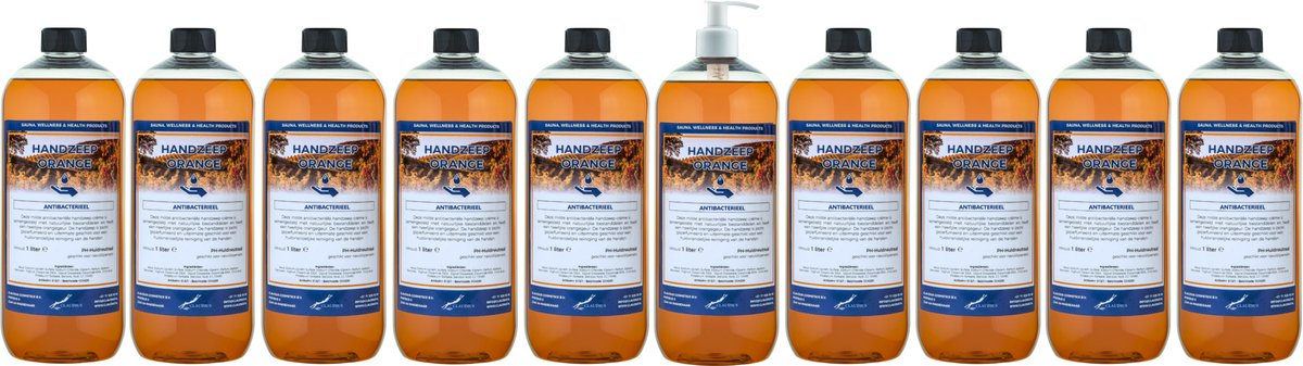 Handzeep Orange 1 liter - set van 10 stuks - met gratis pomp - Voordeelverpakking
