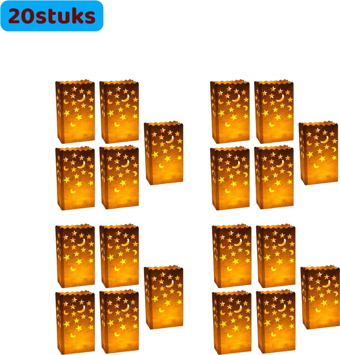 SWGOTA 20 stuks - Kaarsenzakjes - Glow in the Dark Vlamvertragend - met Ster- en Maanpatroon - Herbruikbare feestlichtzakjes - Veilige sfeerverlichting voor bruiloften en Valentijnsdag - Wit