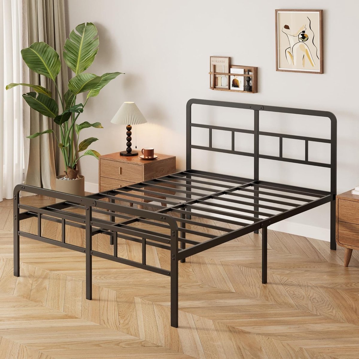 Modern Industrieel Metalen Tweepersoonsbed 180 x 200 cm met Hoofdeinde en Voeteneinde, 46 cm Hoog, Geluidsvrij, Met Lattenbodem en Opbergruimte Onder Bed