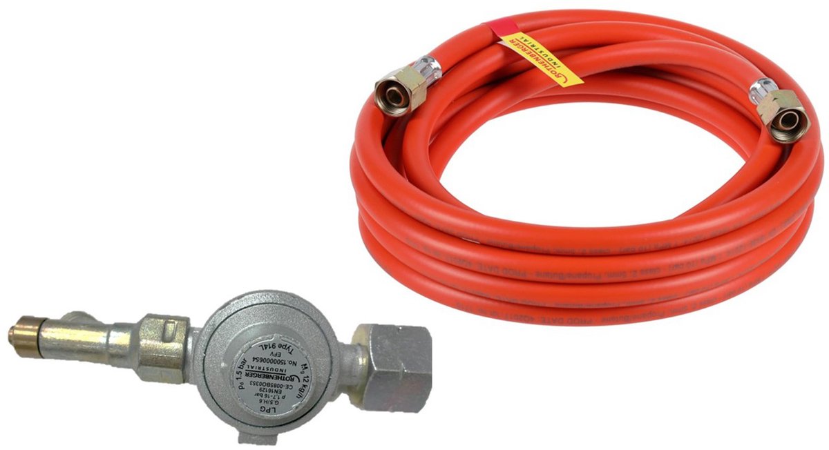 ROTHENBERGER Industrial Set Gasdrukregelaar 1,5 bar met 5 m propaangasslang | 12 kg/u | Slangbreukbeveiliging | Afvoeruitwendige schroefdraad 3/8" - 1500005428