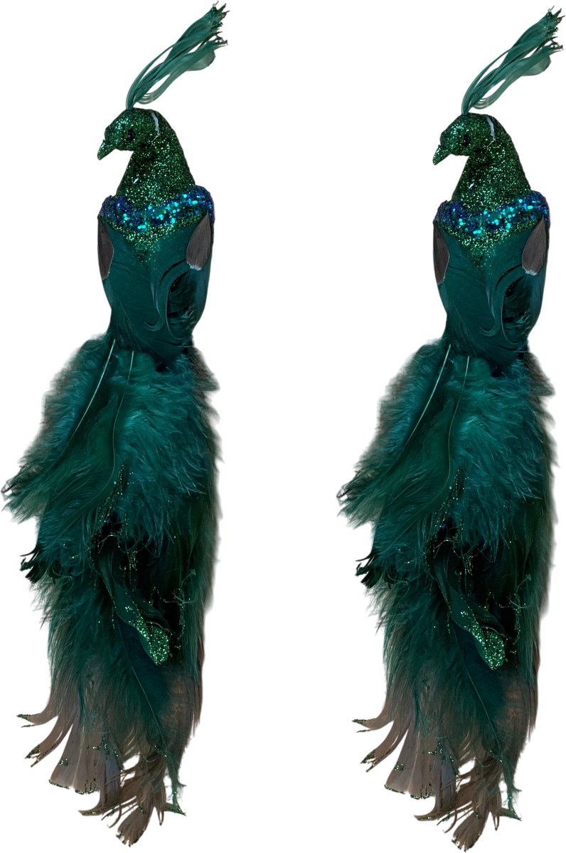 WinQ-2stuks Decoratie Pauw Groen met Clip en Glitters-polyfoam/veren-decoratie voor kerstboom- 2stuks