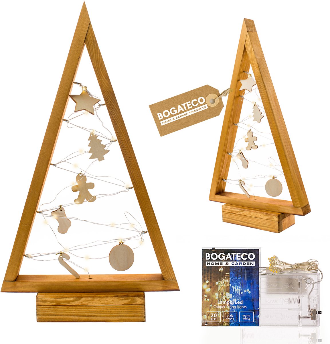 BOGATECO houten kerstboom met LED 52cm hoog | Inclusief houten decoratie | Kerstversiering | 20 LED | Lichtbruin