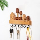 Wandsleutelrek - Wandsleutelhouder - 6 sleutelhaken - Houten sleutelrek - Sleutelrek voor hal/gang - Houten sleutelrek voor thuisdecoratie - Plank met meerdere niveaus - Wandopbergrek - Opbergrek voor slaapkamer - Hout - Houtkleur