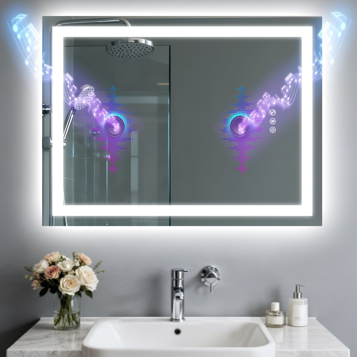 LUVODI LED-badkamerspiegel - 600 x 800 mm rechthoekige wandspiegel met Bluetooth-luidsprekers, dimbare verlichting en anticondensfunctie