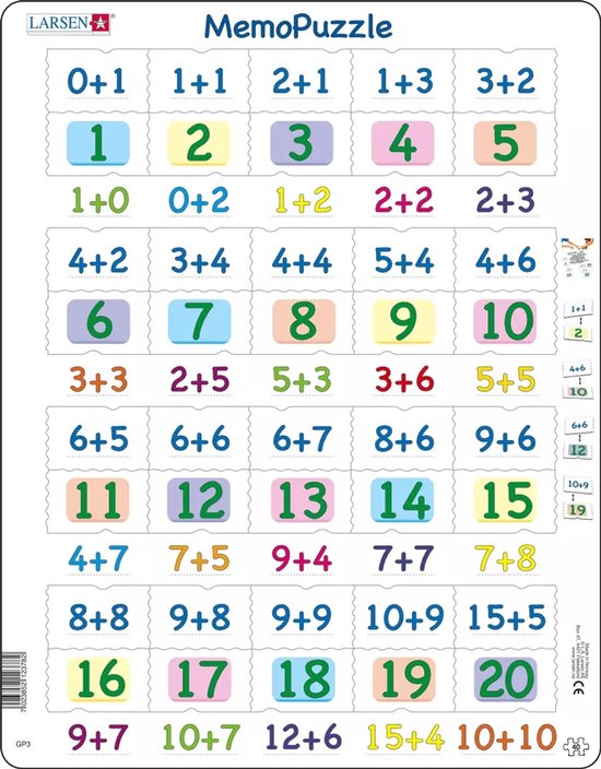 Larsen Optellen met cijfers van 0–20 – Puzzel – Leren rekenen – Optellen – Educatieve legpuzzel voor kinderen – 40 stukjes – Gemaakt in Noorwegen – Extra dikke 2,5 mm stukjes – Tray met vaste rand