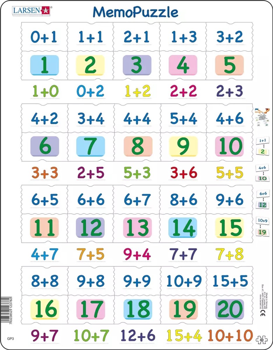 Larsen optellen met cijfers van 0-20 - puzzel - leren rekenen - optellen - educatieve legpuzzel voor kinderen - 40 stukjes - gemaakt in noorwegen - extra dikke 2,5 mm stukjes - tray met vaste rand