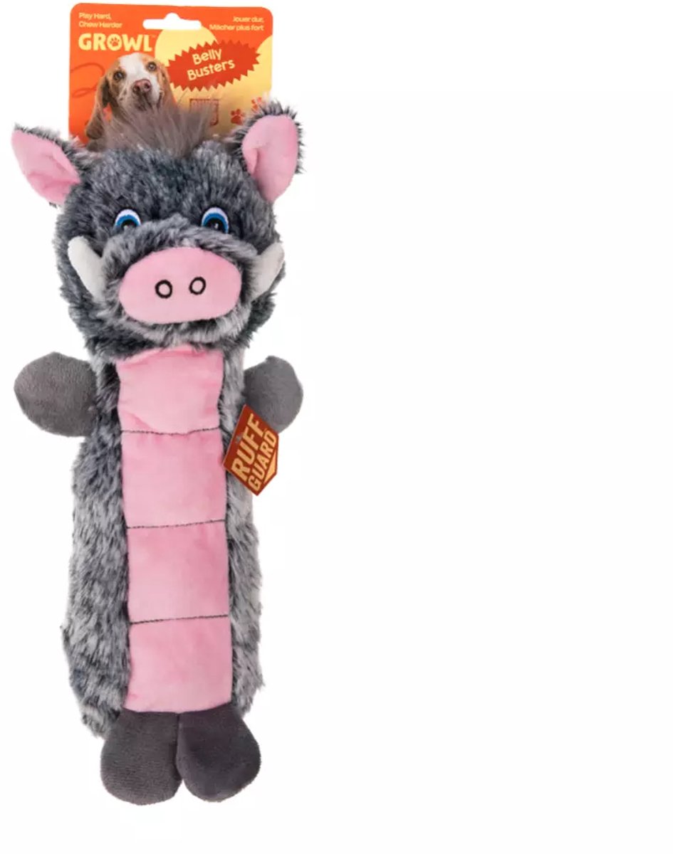 Growl Belly Busters Hondenspeeltje met Pieper - Pluche Hondenspeelgoed - Kauwspeelgoed en Trektouw voor Alle Honden - Wally het Zwijn