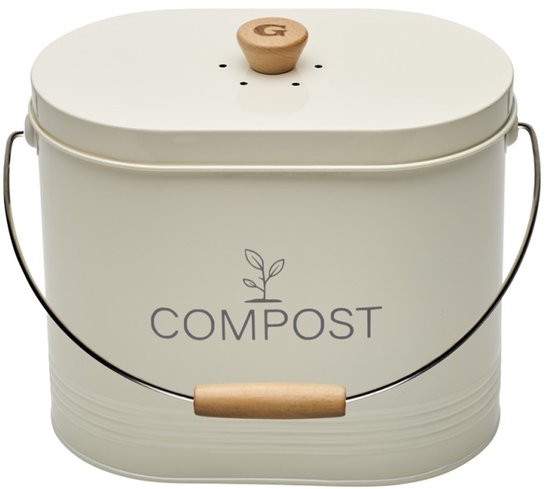 Crème kleurige metalen compostemmer met houten handvat op het deksel en op het metalen handvat. Tekst 'COMPOST' op de voorkant.