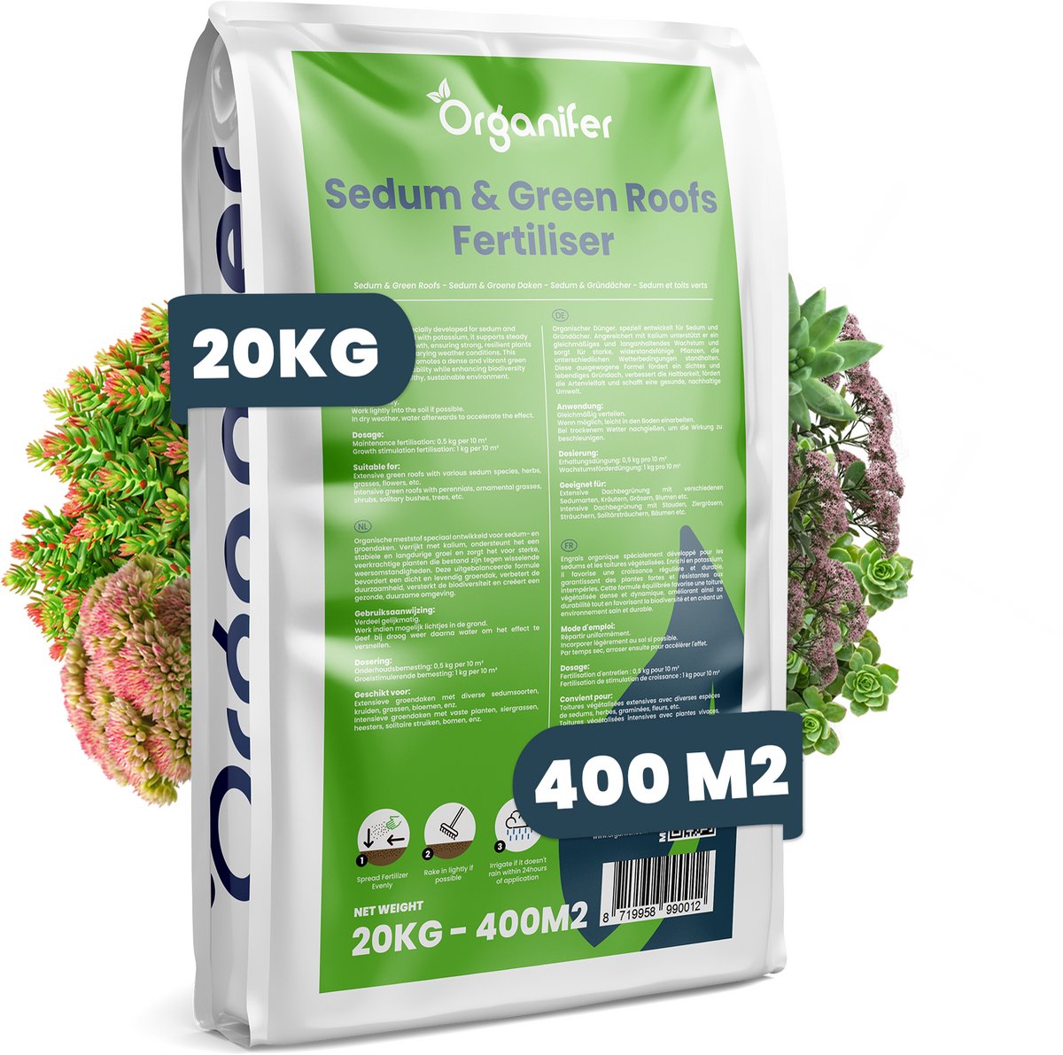 Sedum & Groendak Meststof – 20 kg voor 400 m2 - Sedumdak Voeding met Langdurige Afgifte voor Sterke Groei en Voorkoming van Kale Plekken – Voor Extensieve & Intensieve Daken – NPK 9-2-7 – Organifer