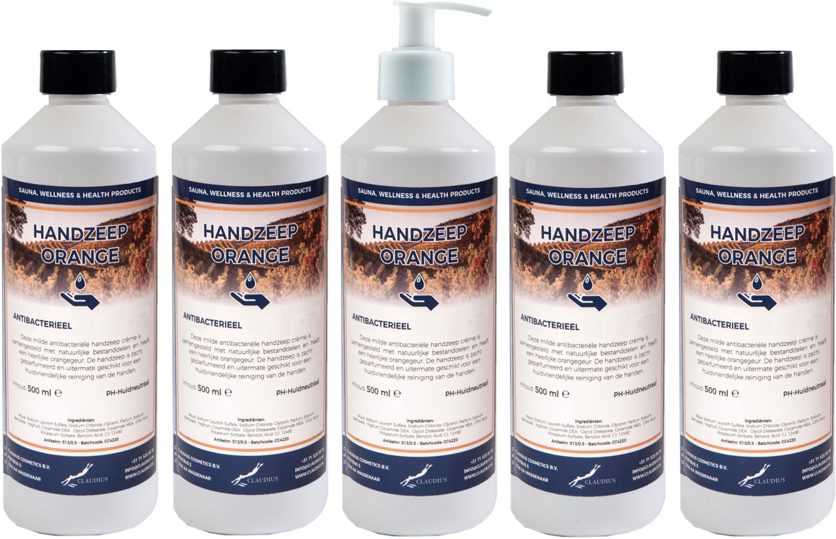 Handzeep Orange 500 ml - set van 5 stuks - met gratis pomp - Voordeelverpakking