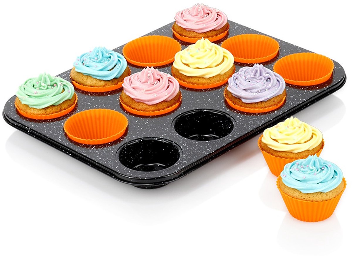 Muffinvorm Graniet met Siliconen Vormpjes 13 delig - Bakvorm - Cupcake Vorm - Muffin - Vormpjes
