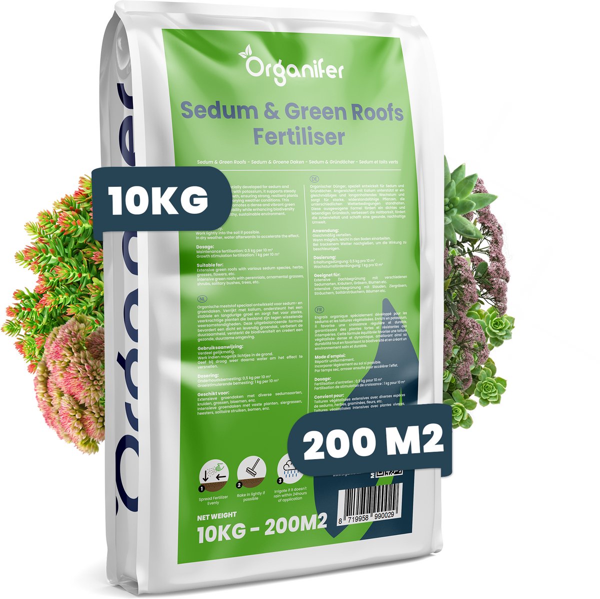 Sedum & Groendak Meststof – 10 kg voor 200 m2 - Sedumdak Voeding met Langdurige Afgifte voor Sterke Groei en Voorkoming van Kale Plekken – Voor Extensieve & Intensieve Daken – NPK 9-2-7 – Organifer