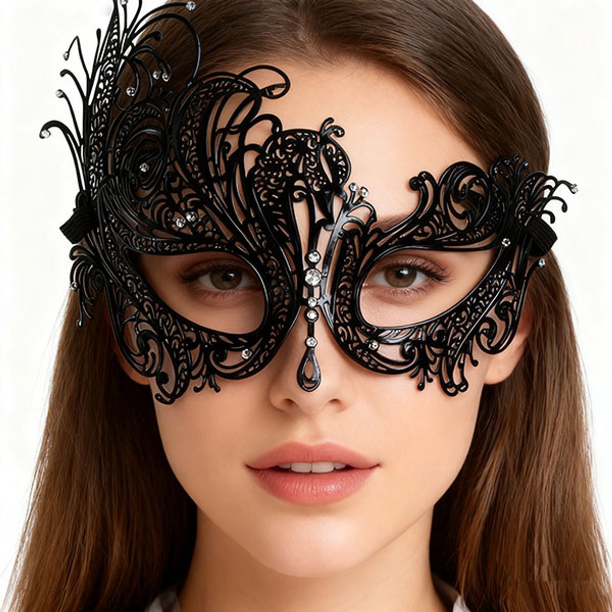 Venetiaans masker - Elegant zwart metalen masker - Met glinsterende strass steentjes - 26 × 16 CM - Luxe Masker Dames - Oogmasker - Maskerade - Gala Feest - Sexy Maskers - Verkleedkleding - Zwart — afbeelding 4