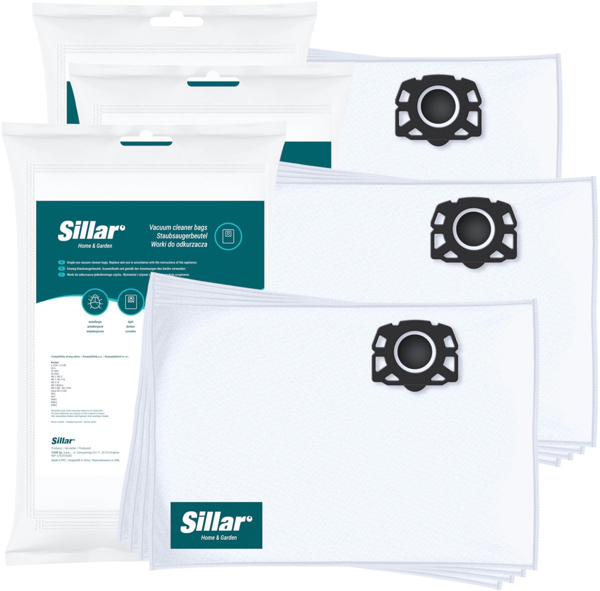 Sillar , stofzuigerzakken synthetisch - anti-allergeen, vervanging voor 6.959-130.0 2.863-314.0 KFI 357 - geschikt voor stofzuigers Karcher WD1 WD2 WD3 WD3.200 KWD1 KWD2 KWD3 SE4 SE4001 SE4002 - 12 stuks