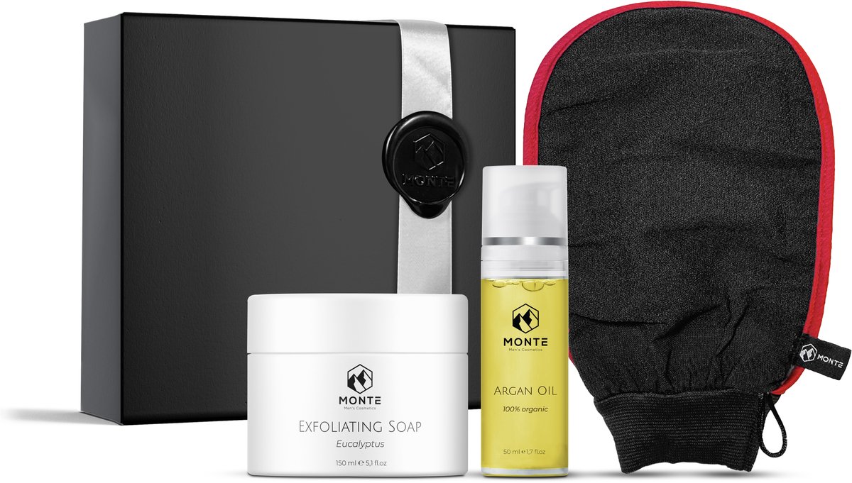 MONTE - Hammam Giftset - Exfoliating Giftset - Hammam Zeep (Eucalyptus) - Luxe Scrub Handschoen - Arganolie (50ml) - Hamam - Huidverzorging - cadeau voor hem man