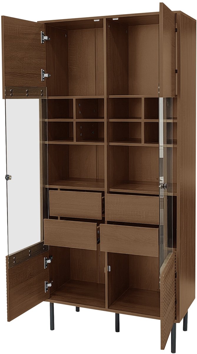Merax Vitrinekast in Notenhoutlook – Hoge Opbergkast met Glazen Deuren – Verstelbare Legplanken en Verborgen Lade – 75.5×35×164.5 cm – Modern Opbergmeubel voor Woonkamer Badkamer of Kantoor