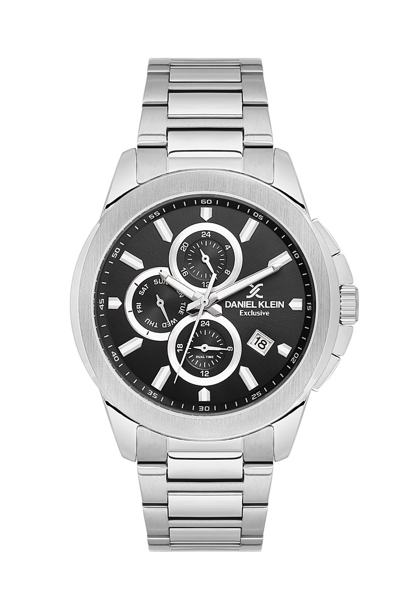 Daniel Klein DK.1.13995-1 - Horloge - Polshorloge - Analoog - Heren- Mannen - Rond - Stalen band - Metaal - Datumaanduiding - Dagaanduiding - Dual Time - 12-24 - Streepjes - Cijfers - Zilverkleurig - Zwart - Wit