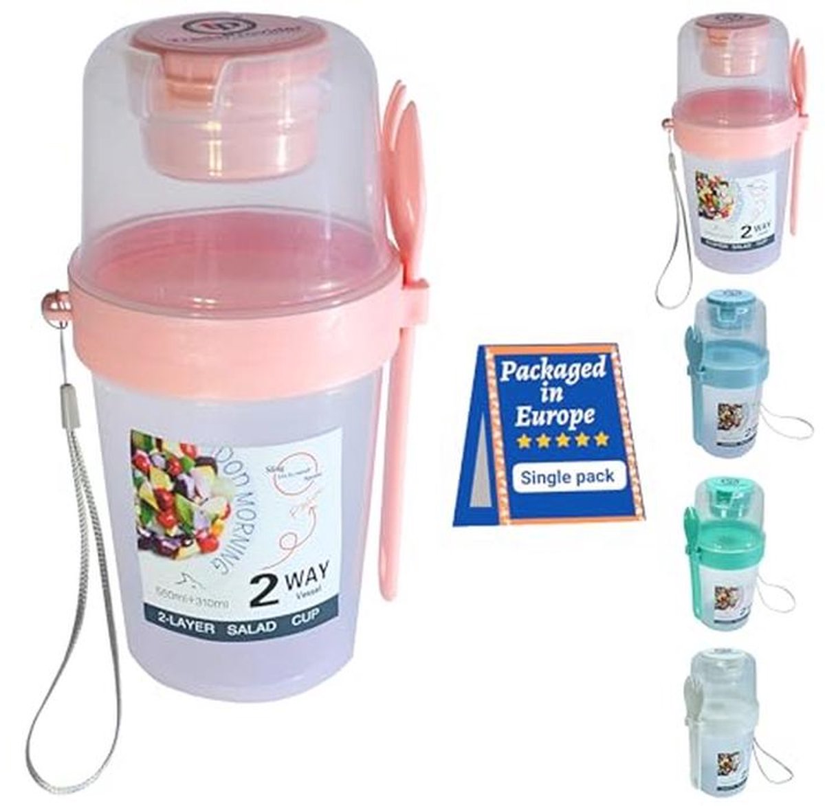 Herbruikbare yoghurtbekers met deksel voor ontbijt, salade en sap - 538 ml - 100% BPA-vrij