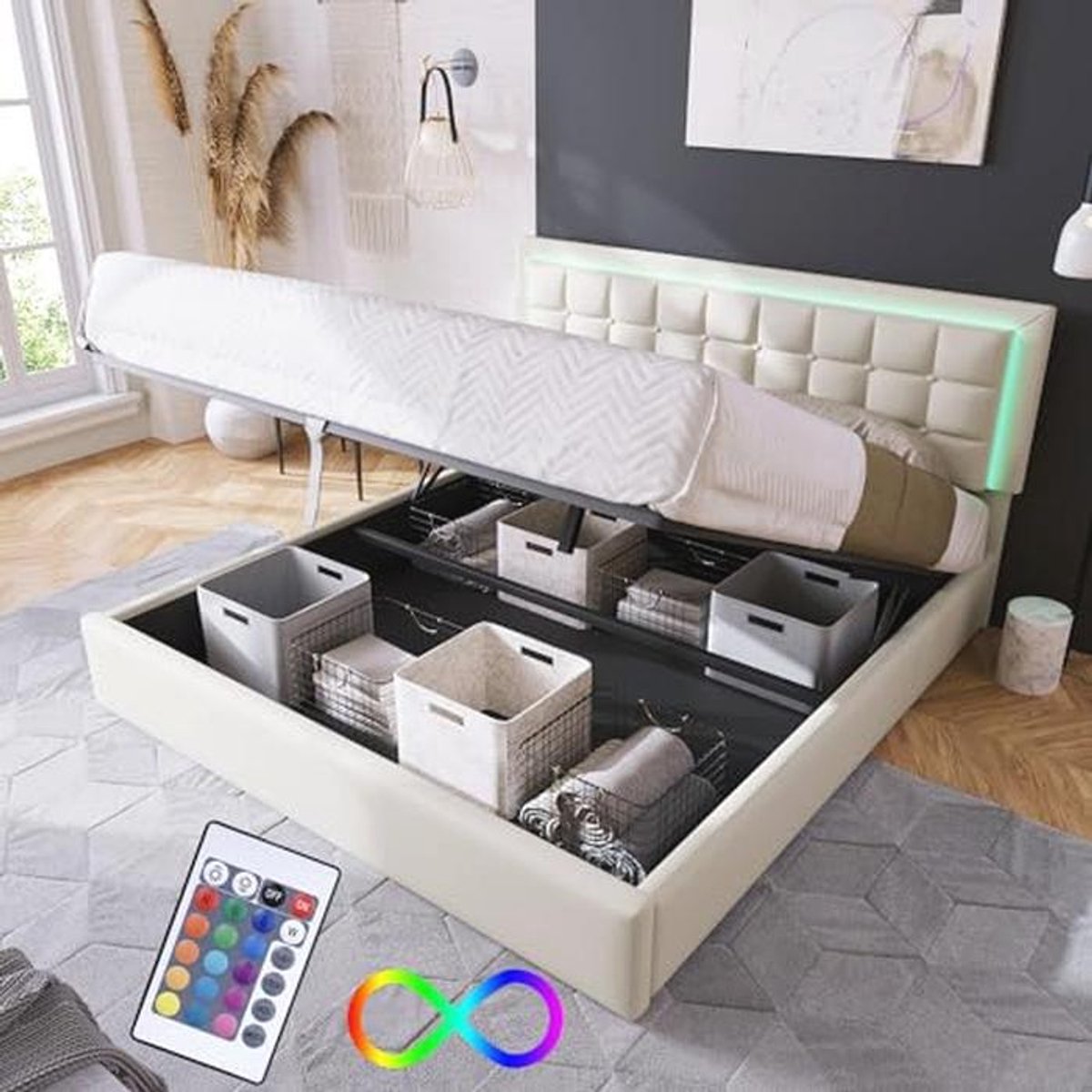 Tweepersoonsbed 140x200 cm met opbergruimte en ledverlichting