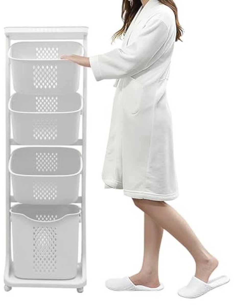 4-Lagen Wasmand Sorteerder met Wielen - Ideale Opslagoplossing voor Vuile Kleding