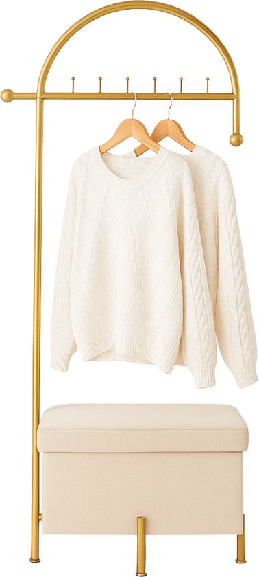 Luxaliving Kapstok met Bank & Opbergruimte – Goud/Beige – Kledingrek met Zitbank – 180 × 63 cm