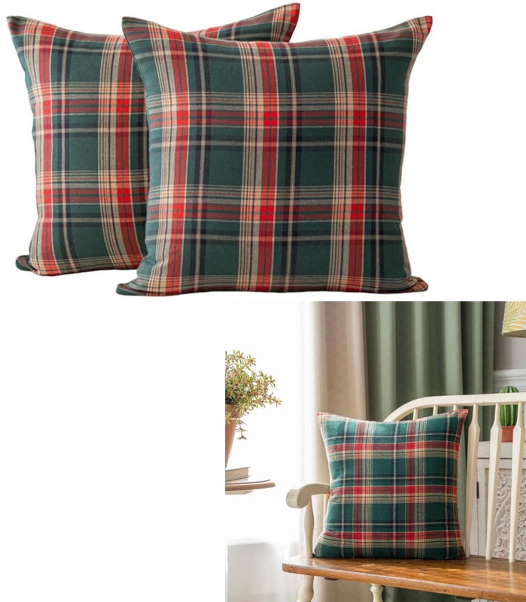 2 stuks - Kussensloop - Klassieke kerst geruite kussensloop - Decoratief bankkussen in boerderijstijl met klassieke geruite stof - Kerstdecoratie - Groen - 45 x 45 cm - Geschikt voor banken, woonkamers, bedden, auto's - Kusseninleg niet inbegrepen