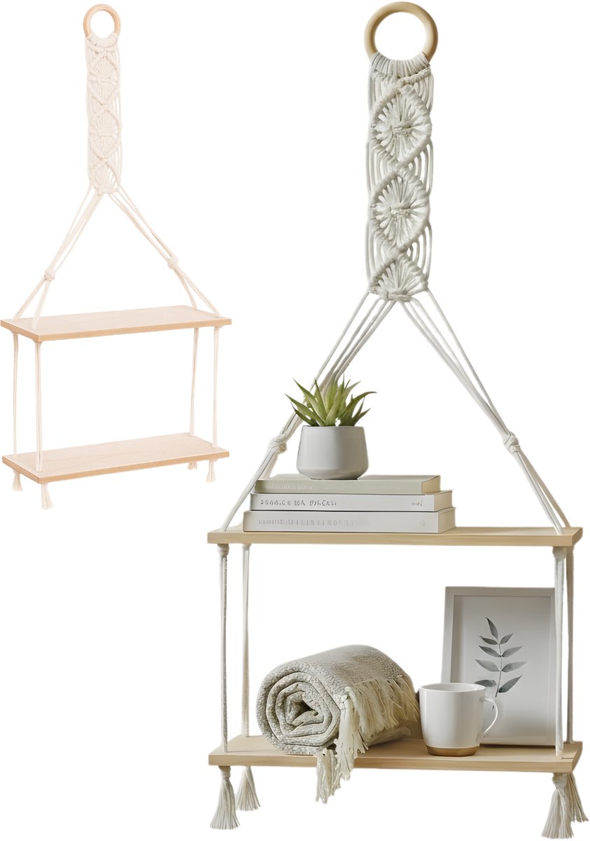 Lomera Hangplateau met Touw - Decoratie Plateaus - Lichte Houtskleur - Wit Touw - MDF Materiaal - 2 Plateaus - Hangende Wandplanken - Rustieke Decoratie - Woondecoratie - Muurdecoratie - Multifunctioneel Gebruik - Schommelstijl