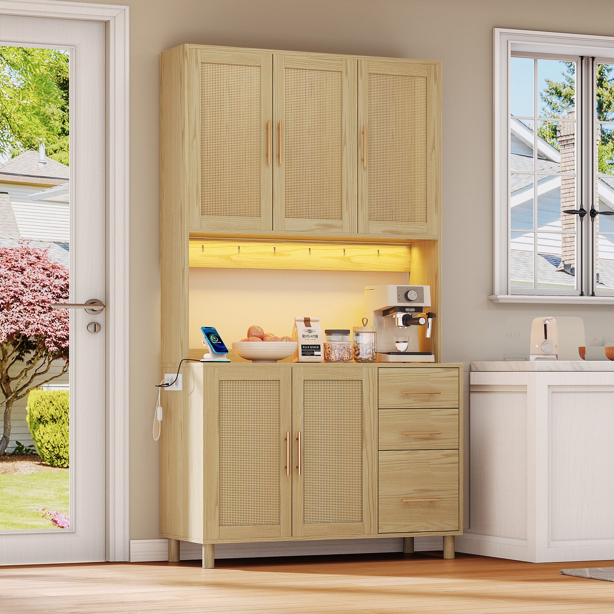 OKWISH Dressoirs - Sideboard Met Verstelbare Legplanken - 3 Laden Met Gouden Handgrepen En LED Licht - 100x40x183 cm - MDF - Onbehandeld