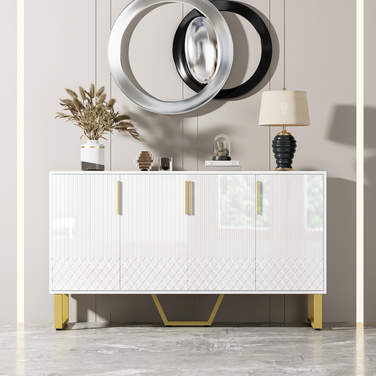 MODFU Hoogglans Sideboard met 4 Deuren, Metalen Handgrepen en Poten, Geometrisch Ontwerp in Wit, 140L x 40B x 80H cm