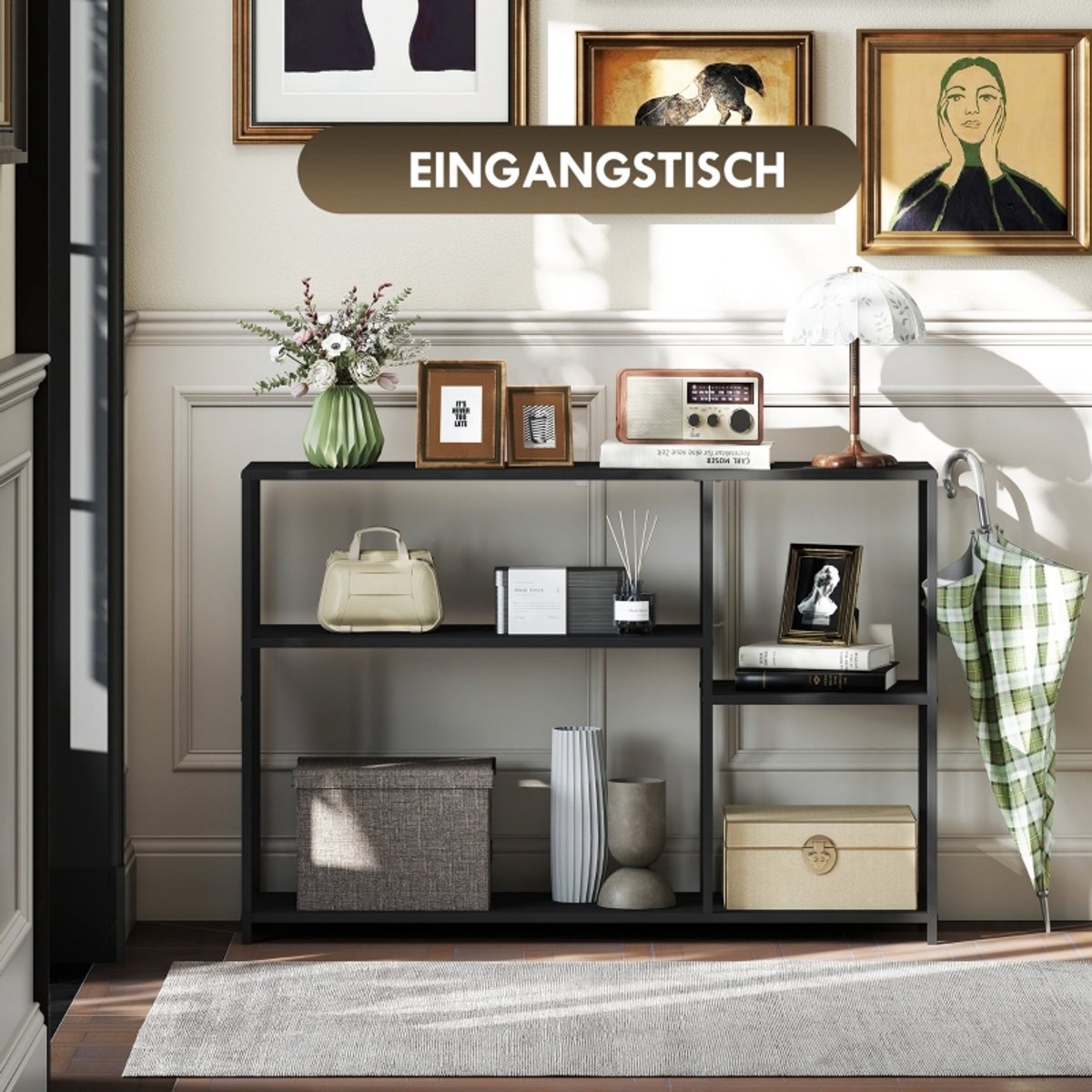 MODFU Zwart Stalen Konsolentisch met 4 Planken, Flurtisch voor Kleine Ruimtes, 110 x 30 x 75 cm