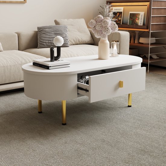 Table basse MODFU avec 2 tiroirs, poignées dorées, angles arrondis, plateau en bois et pieds en métal.