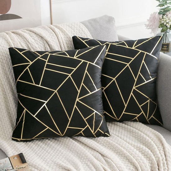 Kussenhoes 45 x 45 cm Zwart en Goud - Decoratief Bankkussen voor Woonkamer - Zacht Vierkant Kussen (2 Verpakkingen)