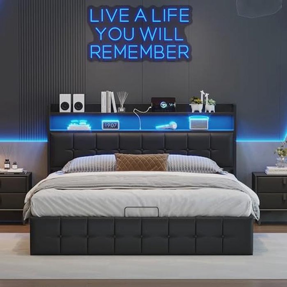Tweedehands Bed van 160 x 200 cm met LED en USB-oplaadport, Gevoerd en met Opbergruimte, Lattenbodem voor Volwassenen en jongeren