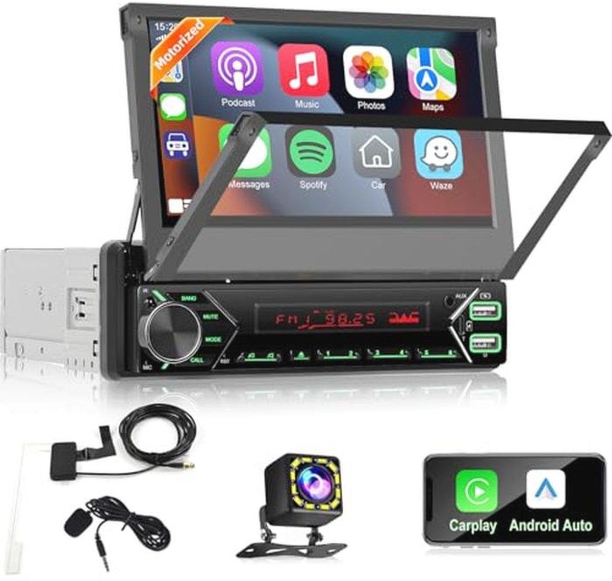 Autoradio 1 Din met DAB/DAB+ en Touchscreen 7 Inch - Bluetooth, Carplay, Android Auto, en Camera voor Achteruitrijden