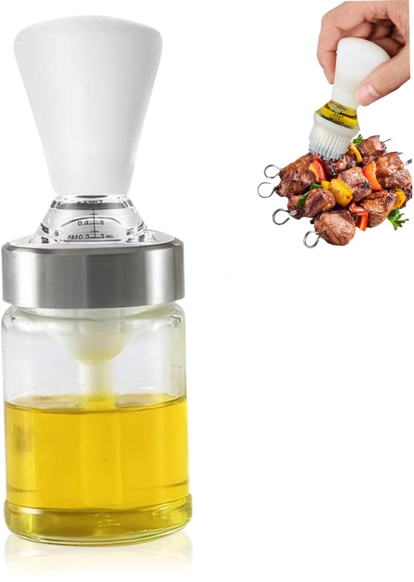 Gigicial Siliconen kwastmaatbeker - glazen oliefles - 2-in-1 ontwerp met verstelbare druppelaar en kwast - 1 stuk - geschikt voor koken en picknicks in de buitenlucht. Wit.